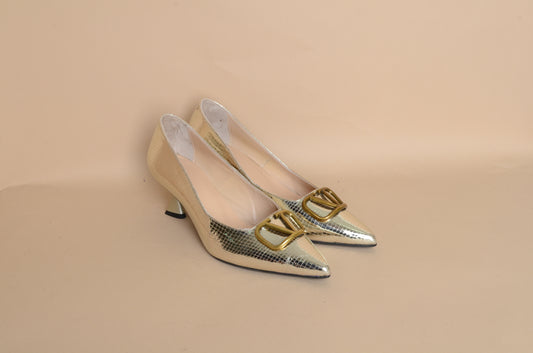 Stella- Gold Short Heel – 100% Genuine Leather, Handmade in Turkey | Women’s Elegant & Comfortable Gold Shoes
